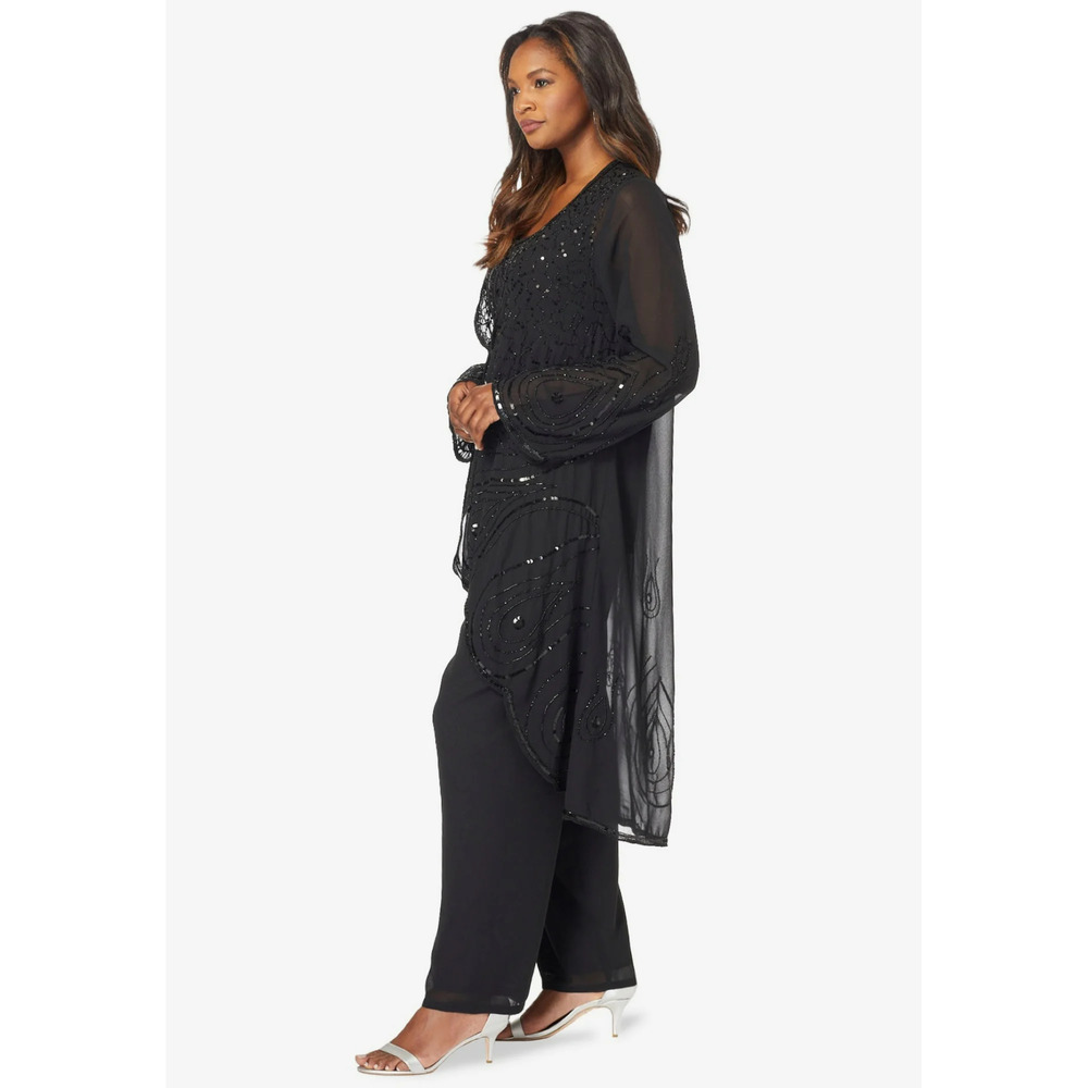 $229 Roaman's Black Beaded Chiffon 3 Piece Jacket Tank Pant Set 34W NEW - Picture 3 of 16